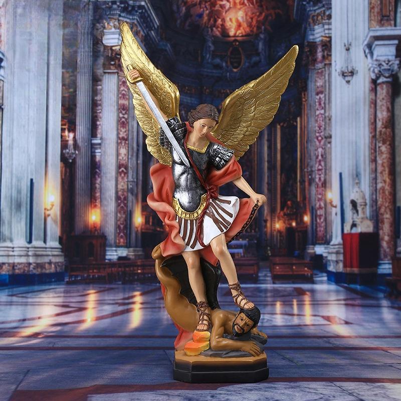 Christian San Miguel Arcangel Statue Retro Bronzed Saint Michael Angel Resin Figurine Home Blessing Decoration Desktop Ornaments