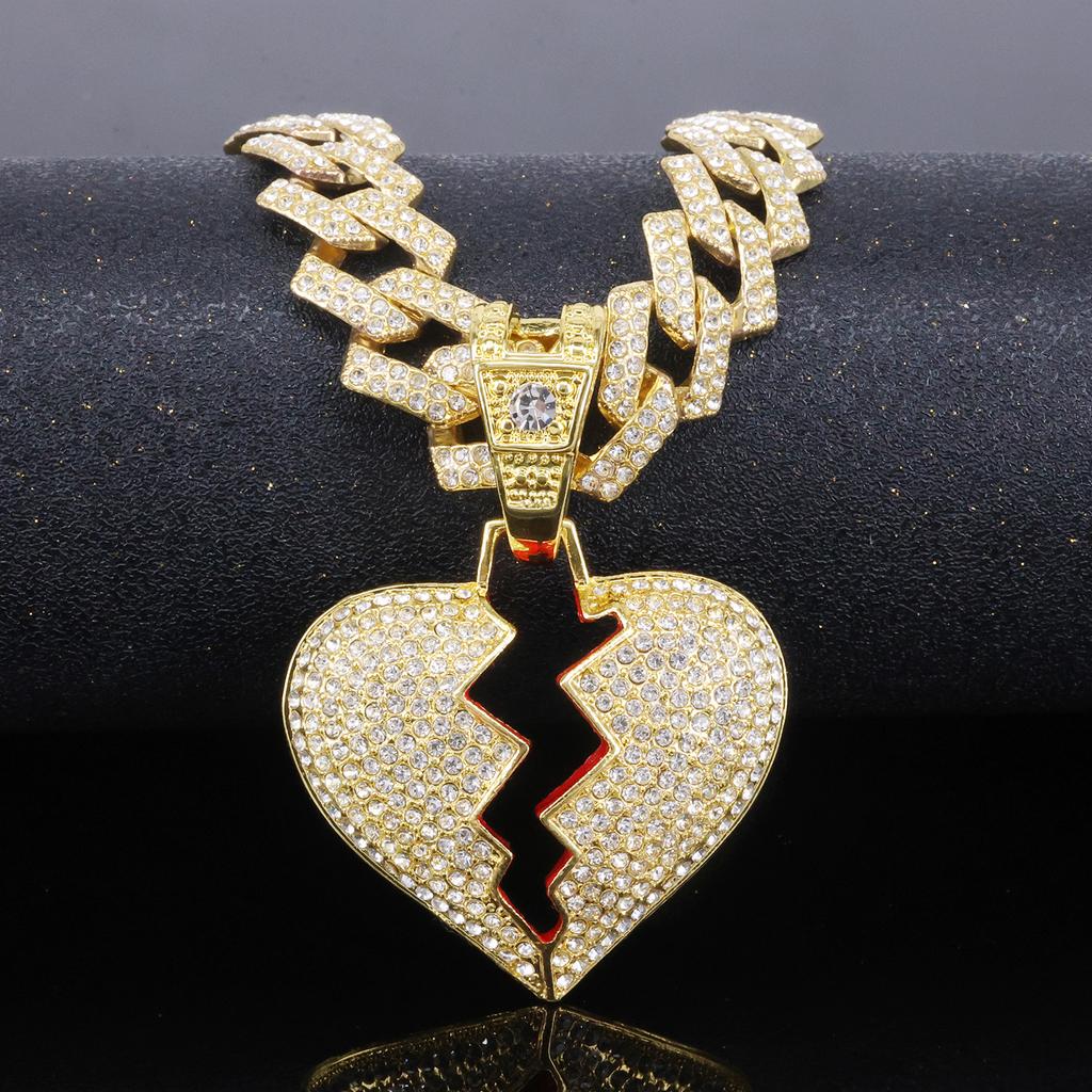 Hip Hop Personality Broken Heart Full Diamond Pendant Hiphop Street Accessories Cuban Chain Fashion Necklace
