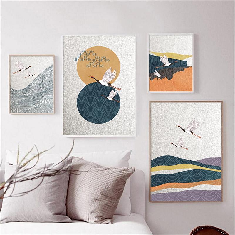 

Абстрактная японская винтажная художественная картина с луной, летающими журавлями, иллюстрация, холст, постер, скандинавский принт, настенная картина, скандинавский домашний декор