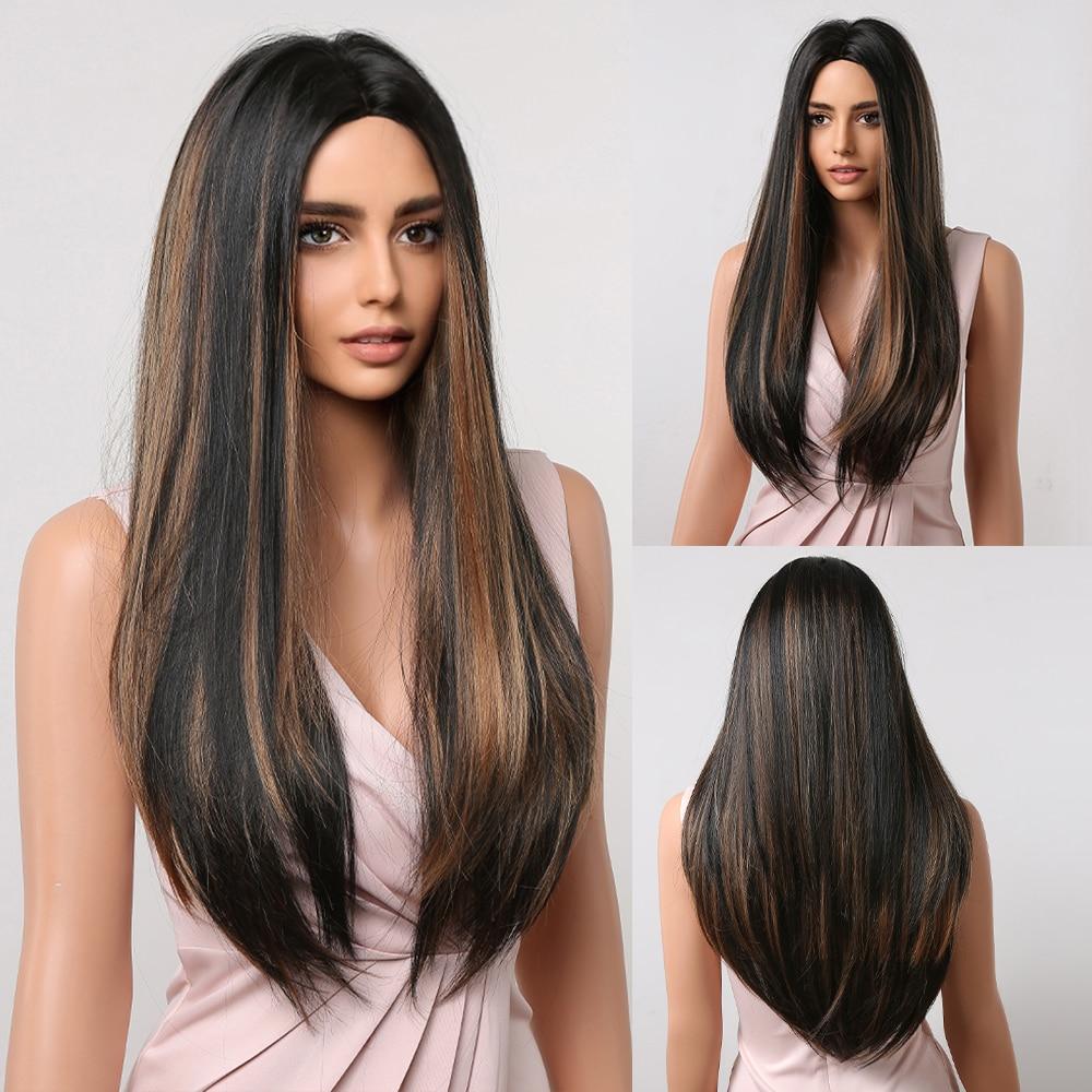 ALAN EATON Long Straight Black Brown Synthetic Wigs Highlights Colored Wigs for Black Women Heat Resistant Hair Middle Parting