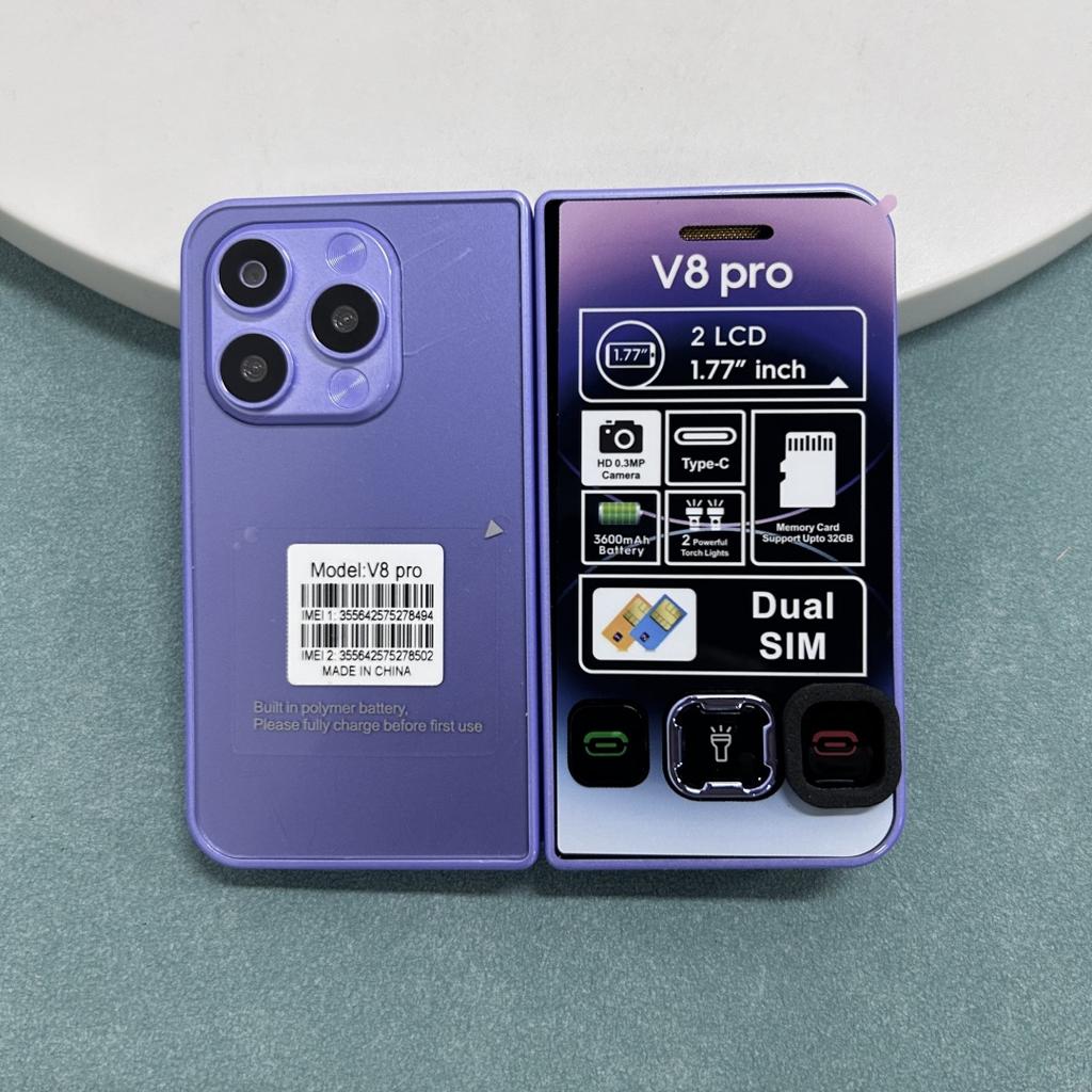 Nový V8 Pro 2G Skládací Mobilní Telefon 1,77 palce Dvojitý Displej MTK Dual SIM Dual Standby Vestavěná Baterie Mp3 Mp4 Bluetooth Mini Svítilna Mobilní Telefon