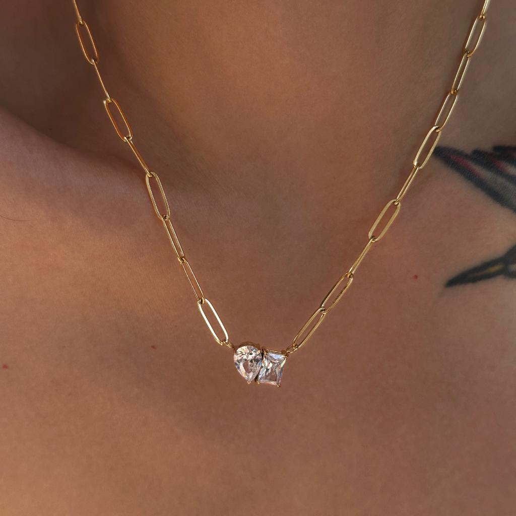 Exquisite Square&Waterdrop Cubic Zirconia Paper Clip Link Chain Necklace Fashion Stainless Steel Necklace for Women Jewelry