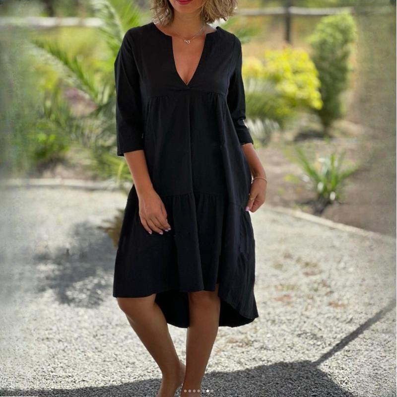 GMXIA Sommer Damen Frisch Süß V-Ausschnitt Reine Farbe Baumwolle Leinen Swing Casual Lange Kleider