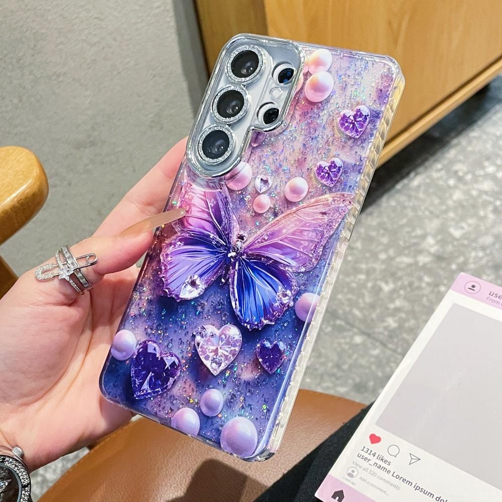Sparkling Diamond Butterfly Pearl Pattern Case For Samsung S26 Ultra S25 S24 Plus S23 Ultra Soft Bling Glitter Silicone Cover
