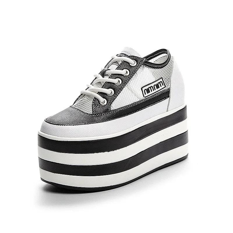 

Fashion 12CM Air Mesh Hollow Casual Shoes Vulcanized Summer Breathable Genuine Leather Chunky Sneakers Wedge Heel Platform Sneakers 33 чёрный