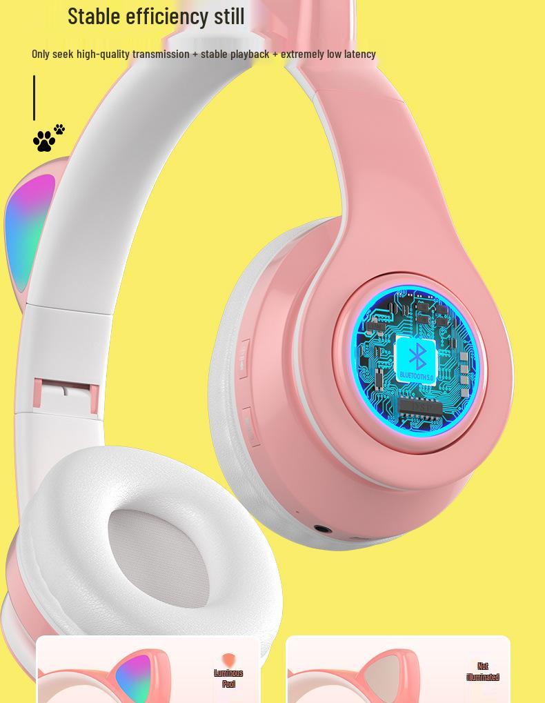 Cat Ear Luminous Bluetooth Headset B39: Foldable, Card Slot, Wireless Earbuds, Universal Compatibility