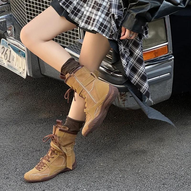 Modemarke Neu Übergröße 40 Sportliche Vintage Boxstiefel Damenschuhe 2025 Mode Schnürung Flach Bequem Walking Sneaker Stiefeletten