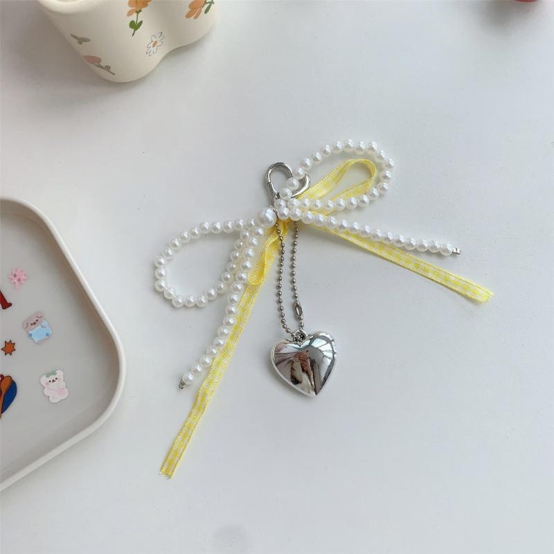 Handgemachter Schleifen-Schlüsselanhänger mit Perlenherz-Dekoration, Handy-Anhänger, Schlüsselring, Taschenanhänger für Handys und Geldbörsen