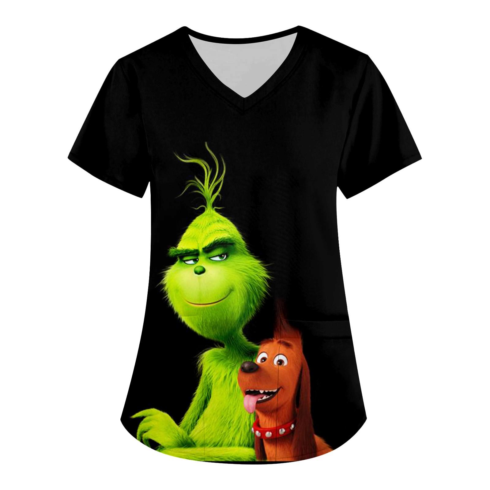 

Женская модная рабочая одежда с v-образным вырезом, короткими рукавами и карманами, топы с рождественским принтом L чёрный