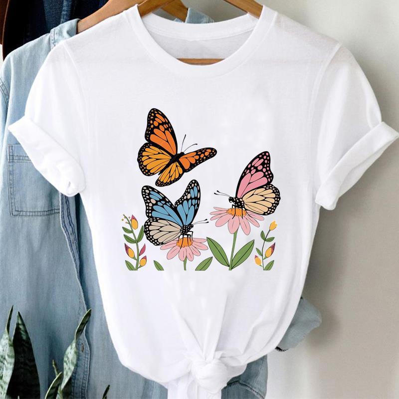(Asian Size) Printed Clothing Top Fashion Short Sleeve T-shirts Women vintage butterfly flower Graphic Tee Lady Female Casual T Shirt Tees