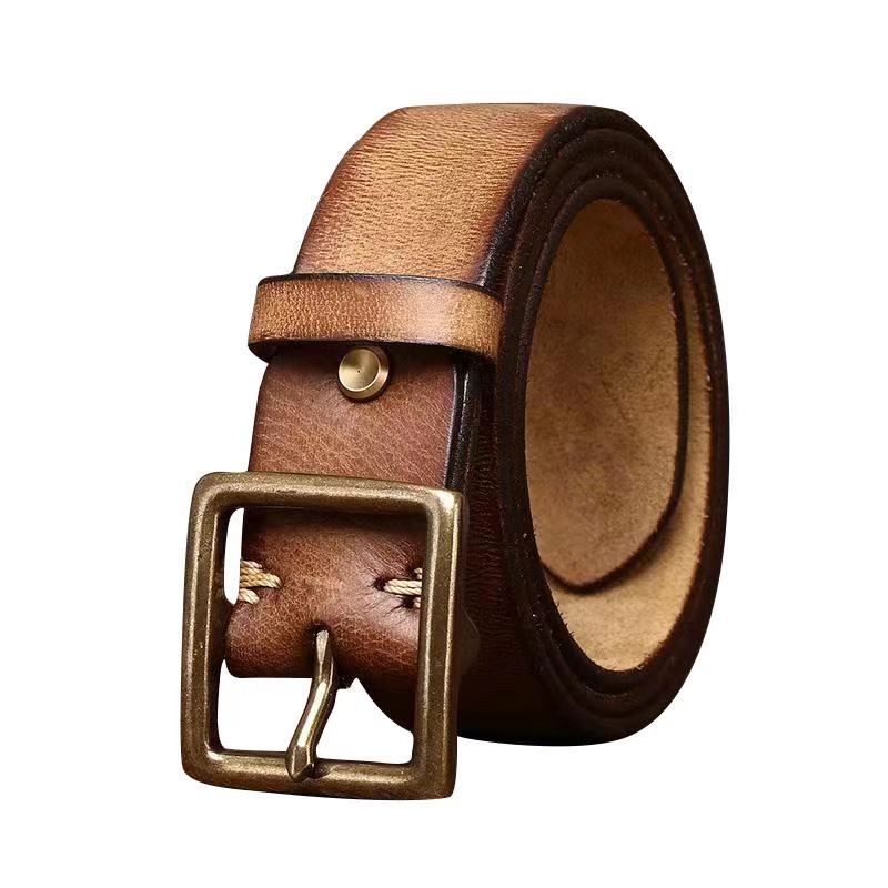 New Retro Fashion Personality Trend Old Pure Cowhide Belt Men'S Genuine Leather Copper Buckle Korean Version Casual Denim Belt