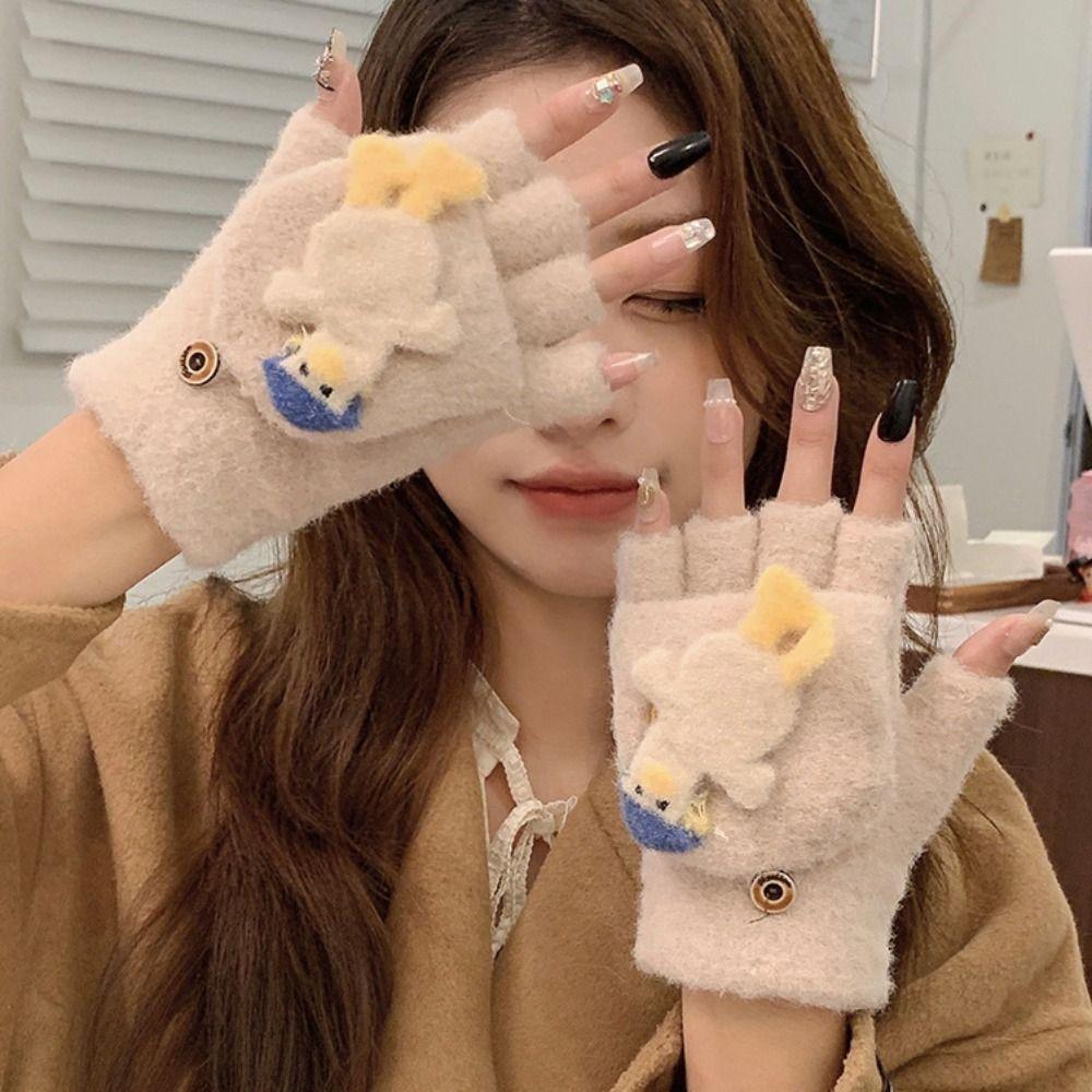 Duck Flip Plush Gloves Cartoon Winter Mittens Cute Half Finger Gloves  Writting