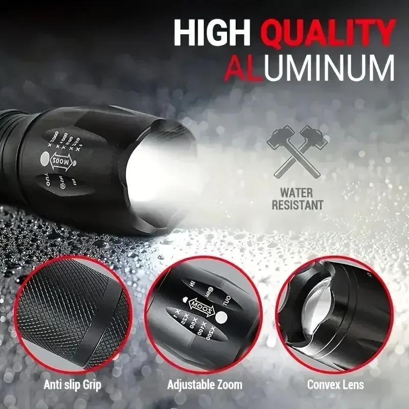 High Power Tactical T6 LED Flashlight 5 Modes Waterproof Zoom Torch Aluminum Alloy Portable Light for Camping Hiking Hunting