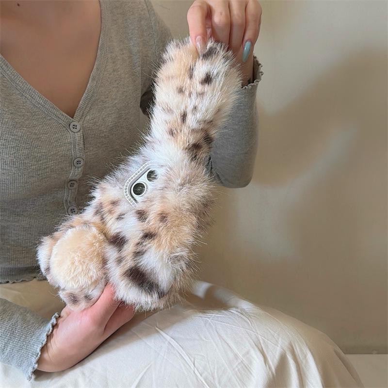 Leopard Print Plush Cat Ear Anti-Drop Phone Case for iPhone 14/13/12/11 PRO/MAX