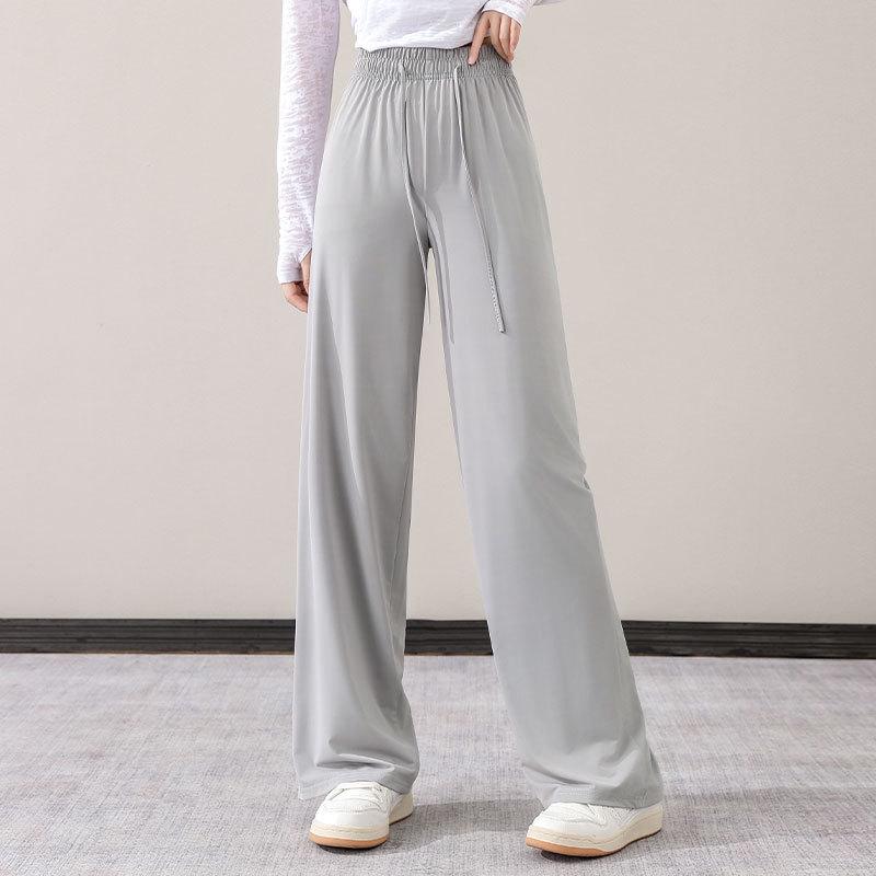 Women's Summer Casual Sportswear Set: 2024 Loose Long Sleeve Yoga Top with Sun Protection and Ice Silk Straight-Leg Pants