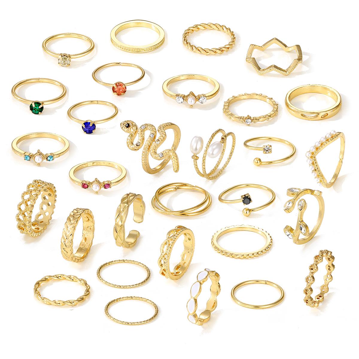 

26 шт. кольца с бриллиантами, роскошный комплект колец с жемчугом, комбинированные кольца с зелеными драгоценными камнями, кольца с открытым концом для девочек, аксессуары для ужина золотой
