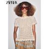 Zaprha 2025 Autumn New Women Versitile Fashion Mesh Hollow Knitted Round Neck Short Sleeve Top 6236104