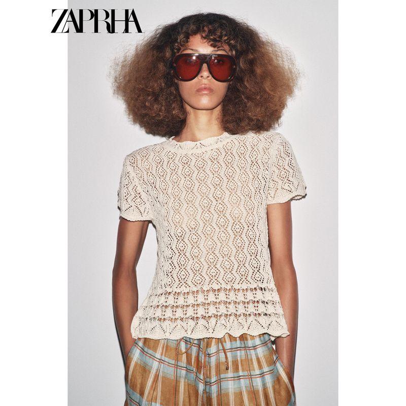 Zaprha 2025 Autumn New Women Versitile Fashion Mesh Hollow Knitted Round Neck Short Sleeve Top 6236104