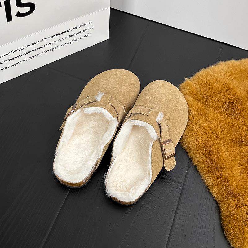 Leather women's one-pedal warm fluffy slippers women's outer bag head half slippers slippers