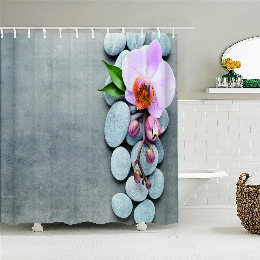 Beautiful Colorful Flower Printed Shower Curtains Frabic Zen Stone Floral Waterproof Polyester Bath Curtain With Hooks 180X180cm