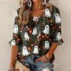 Women's Halloween Print Round Neck Tie Front Ruffle Three-Quarter Sleeve Blouse for Festive Party Wear