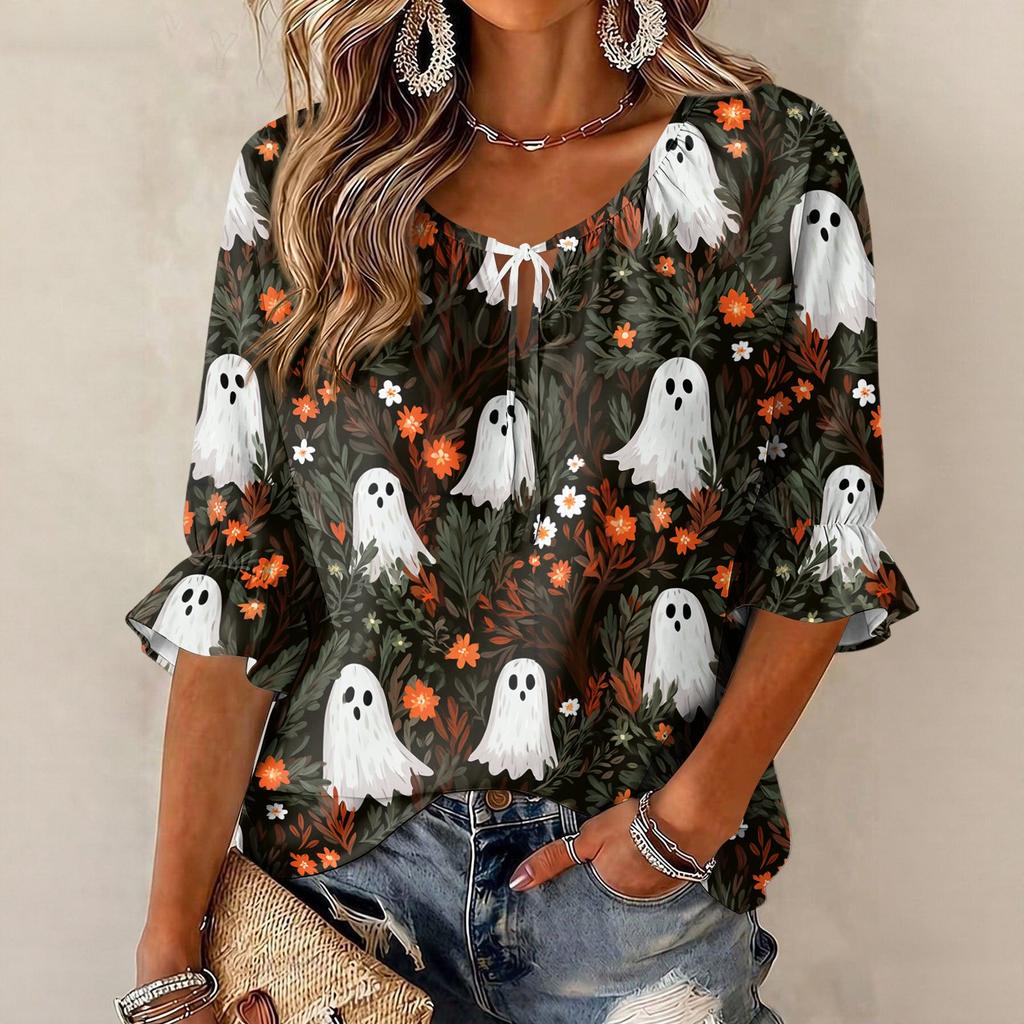 Women's Halloween Print Round Neck Tie Front Ruffle Three-Quarter Sleeve Blouse for Festive Party Wear