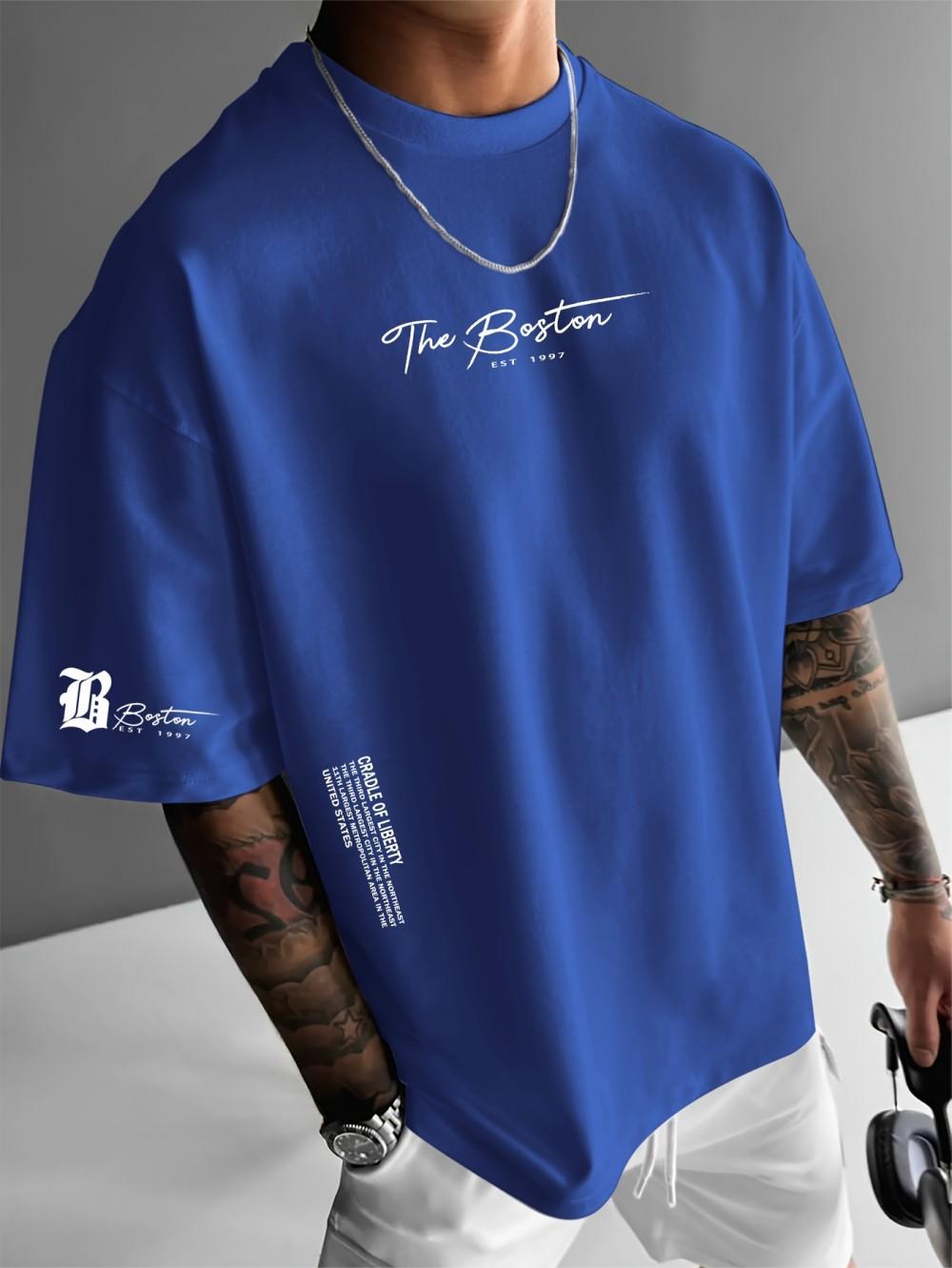

New men s polyester fabric casual comfortable breathable round neck T-shirt with letter pattern suitable for outdoor sports L