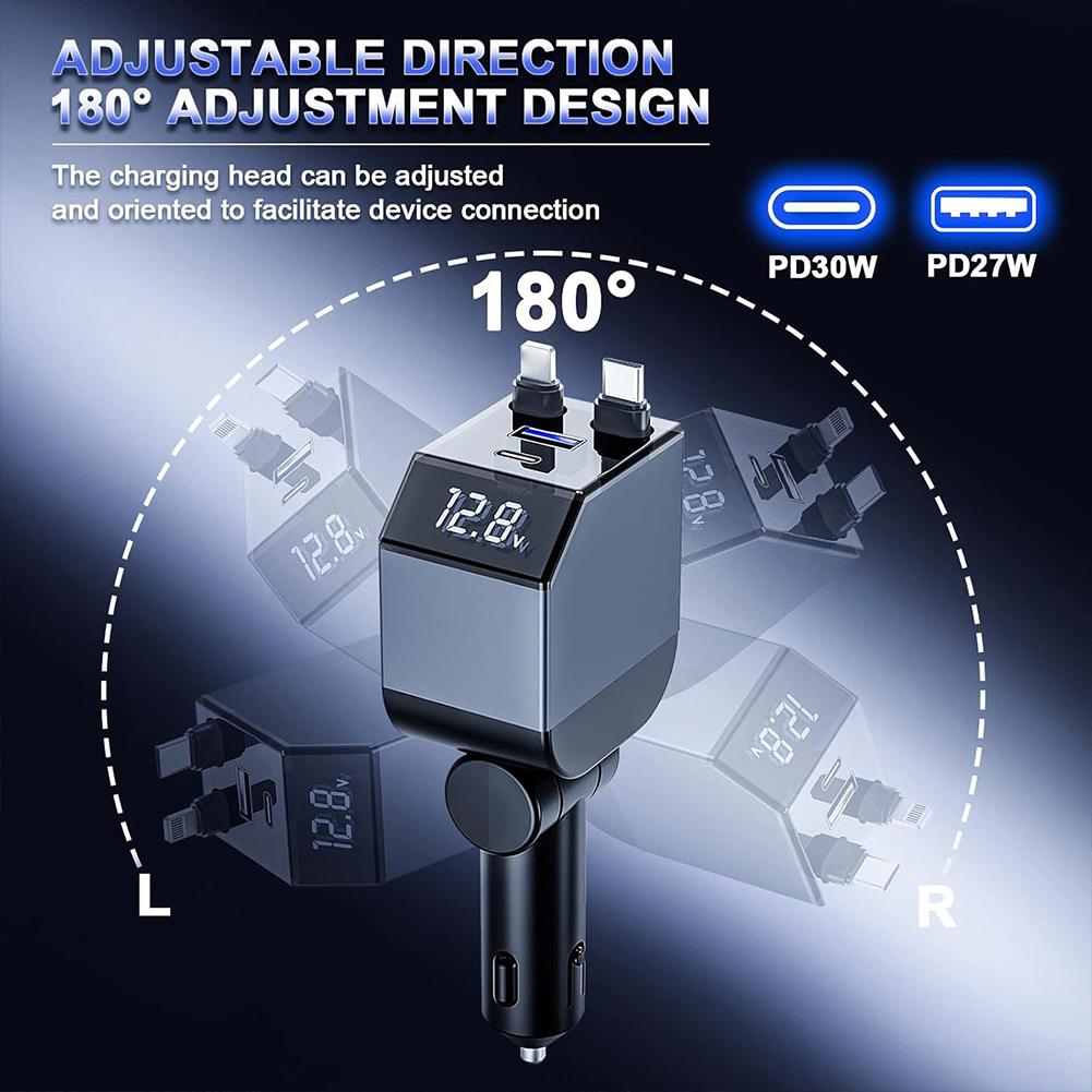 Car Charger, 3-in-1 Independent Fast Charging, Retractable Cable, Power Display USB C Car Charger For IPhone Android W9R9