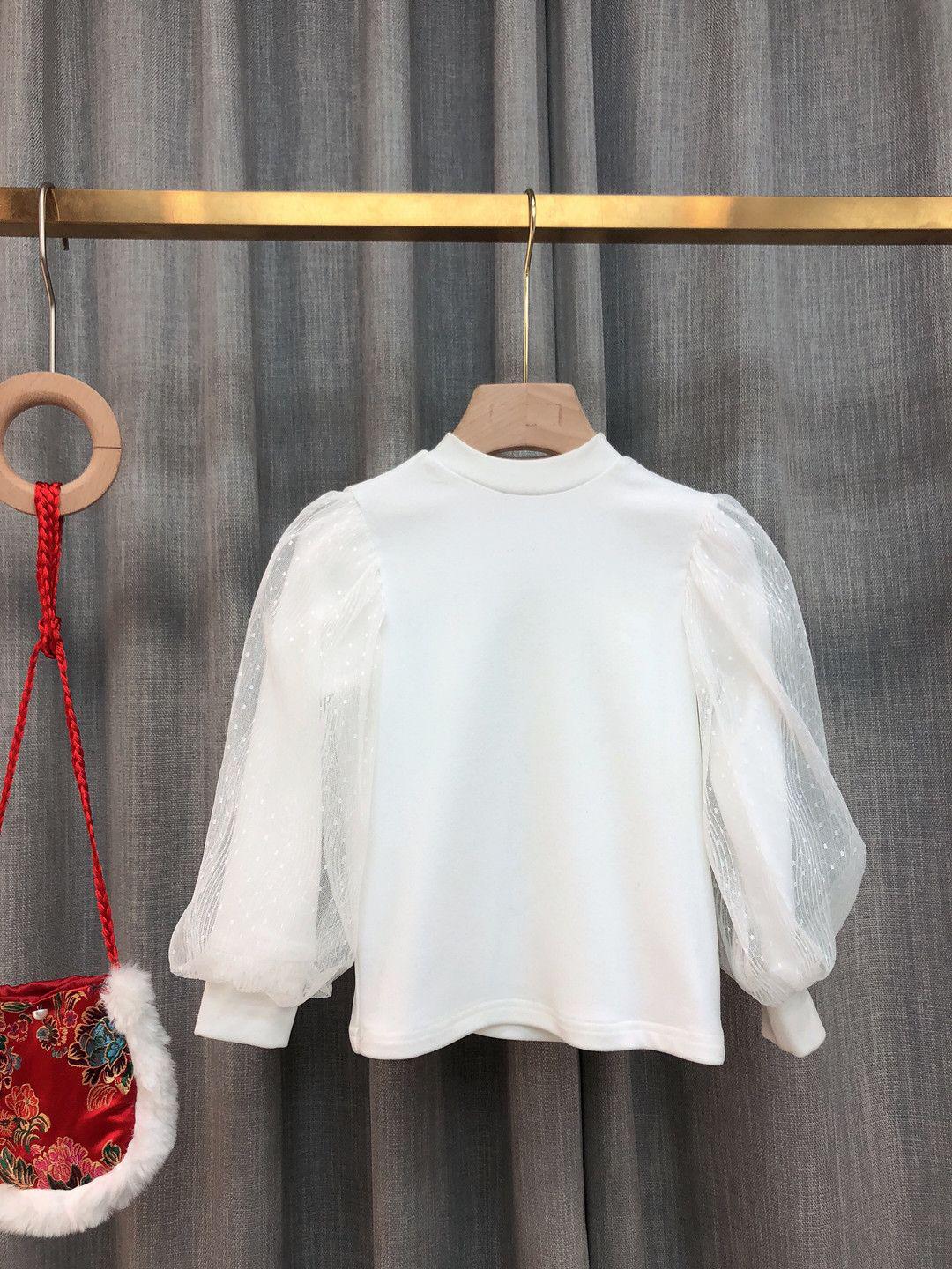 

Girls Puff Sleeve Long-Sleeve Base Layer Shirt - Solid Color, Autumn/Winter, Princess Style Pullover. 150 cm білий
