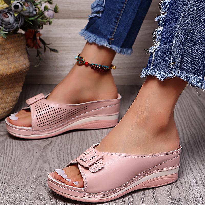 Large size cool slippers women's casual hollow buckle wedge slippers open-toed sandals