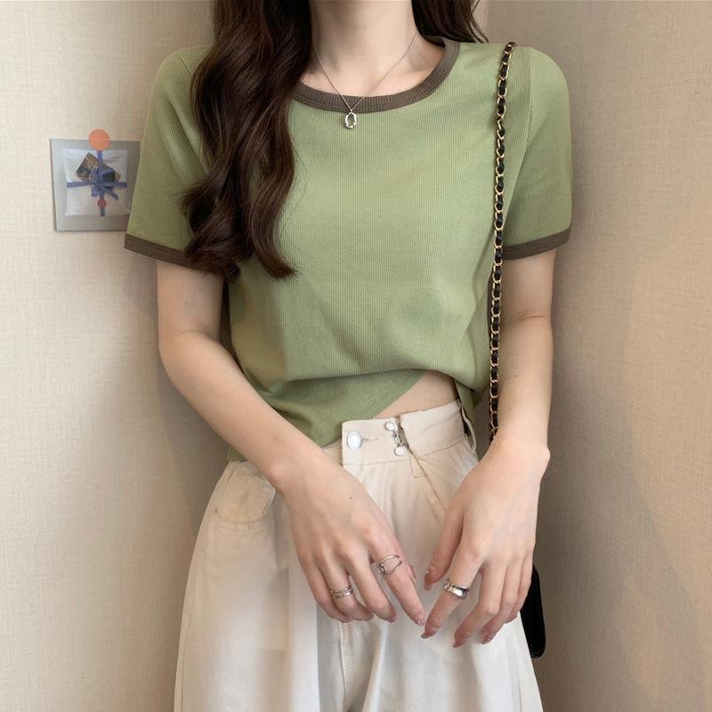 O Neck Knit Crop Top Frauen Sommer Casual T Shirt Grundlegende Sexy Streetwear Kurzarm Tops