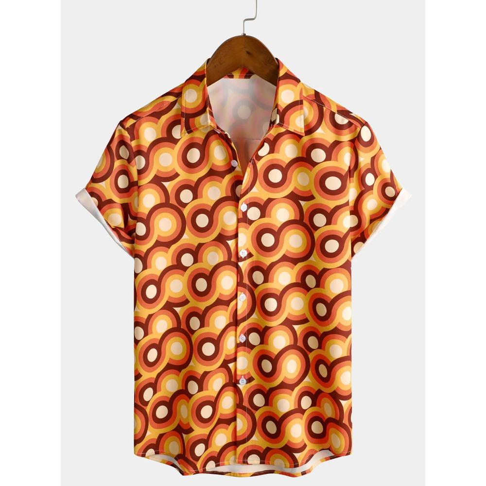 Мужская рубашка с пуговицами в стиле ретро 70-х, винтажная, с геометрическими кругами, летняя, пляжная, с коротким рукавом, гавайская пляжная рубашка 4XL