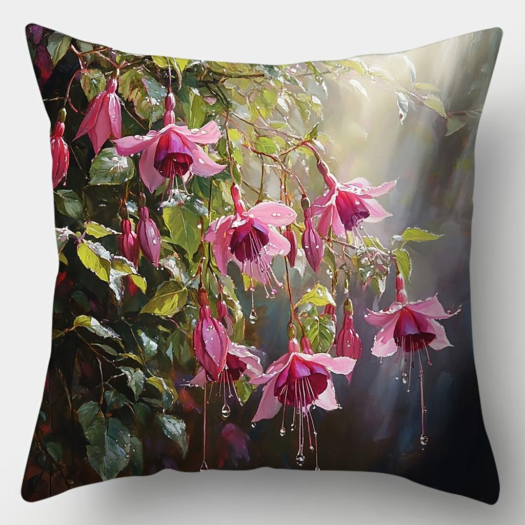 4Pcs Double-Sided Printed Throw Pillow Covers, Pink Hanging Floral With Sunlight Cushion Cases Decorative For Living Room