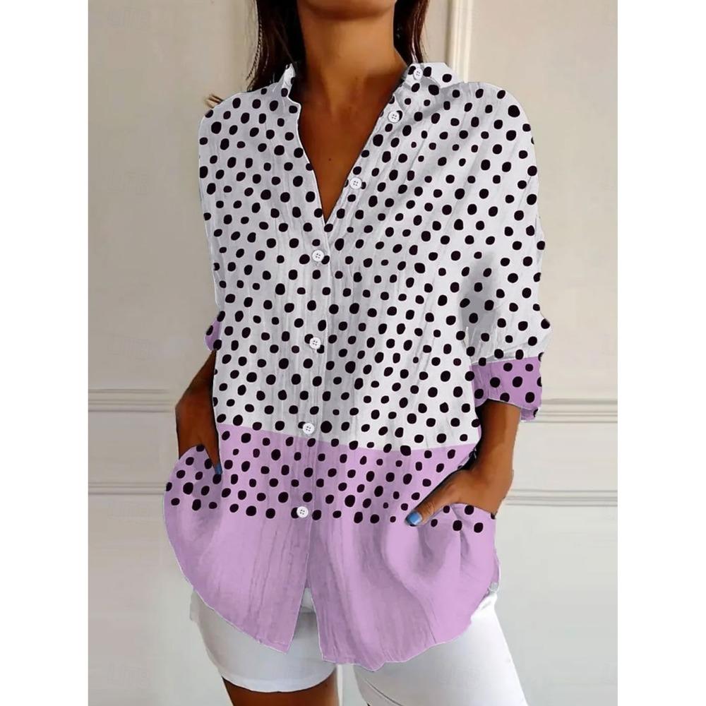 Women's Shirts Dot Graphics Blouse Lapel Neck Blouse Women's Long Sleeve Shirts Womens Clothes Female Clothing