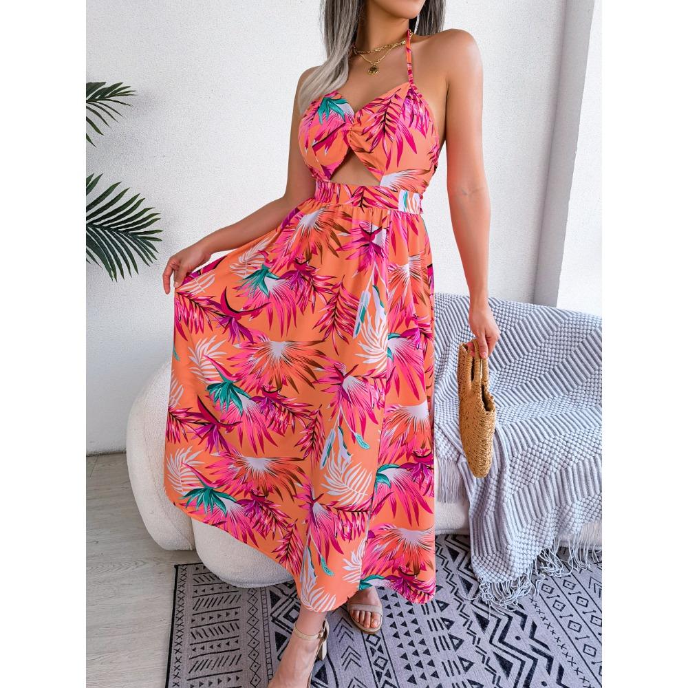 Jarní a letní květinové bez rukávů s výřezy halter dlouhé prázdninové plážové šaty pro ženy