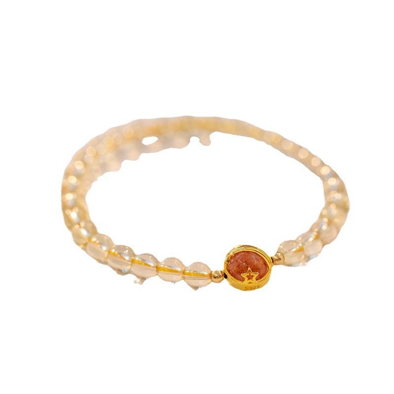 Citrine Natural Golden Rutilated Quartz Beaded Bracelet for Women, Alloy Jewelry