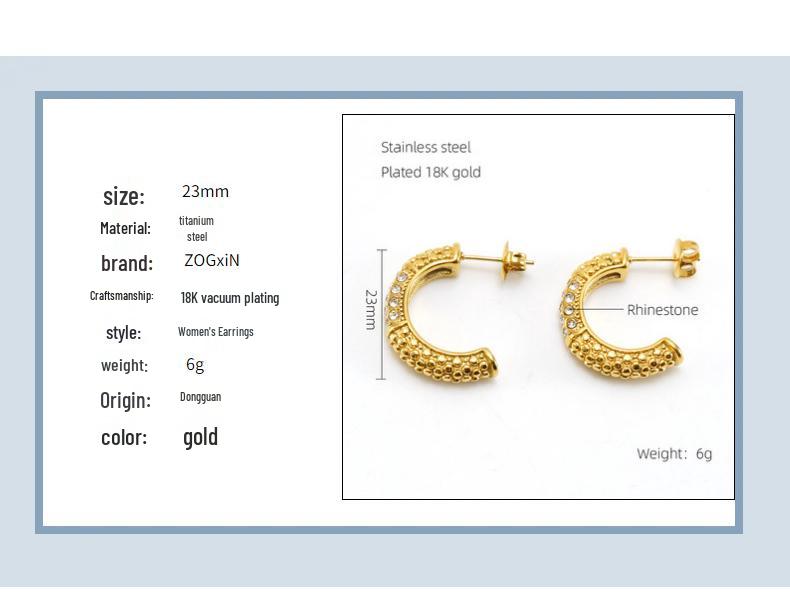 18K Geometric Retro Style Stud Earrings with Stainless Steel Diamond-Set Design for Women