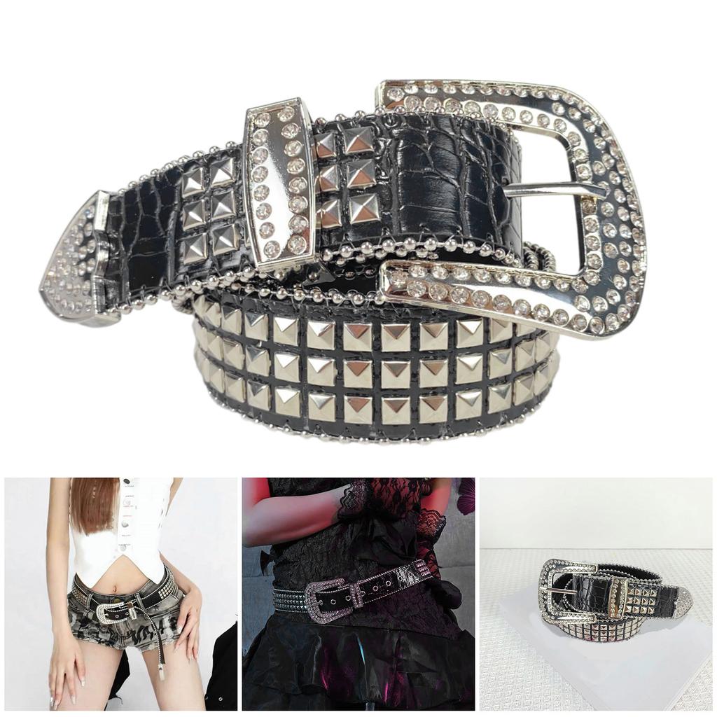 Rivet Waist Belt with Diamond Pin Buckle for Adult Personality PU Waist Belts for Women Coat Dress Adjustable Length