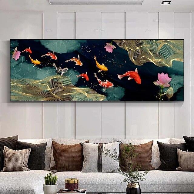 Chinese Style Koi Canvas Poster And Prints Nine Fish Illustration Feng Shui Carp Lotus Pond Wall ArtPainting For Decor No Frame