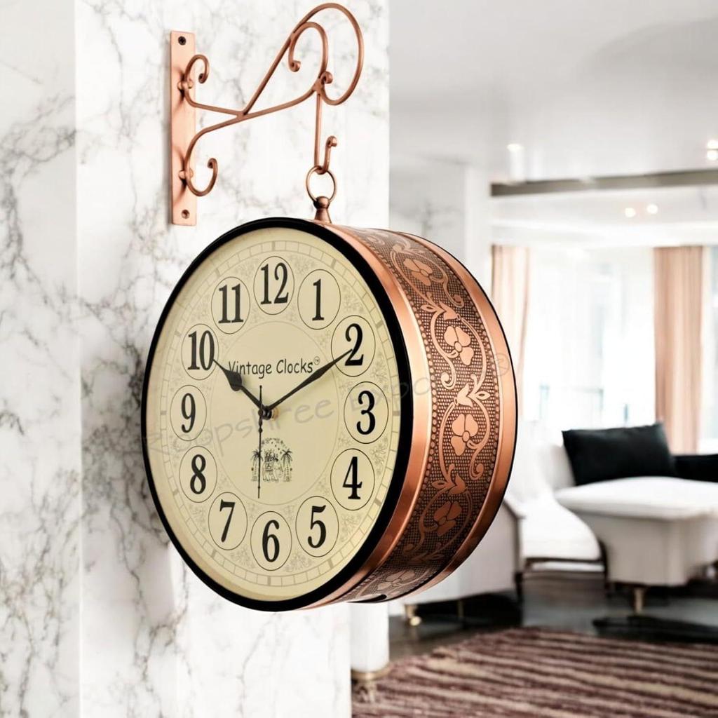 (12 INCH - Two Side English Numbers) Vintage Clock Iron Handcrafted Double Side Clock , Rose Gold Finish, Floral Design