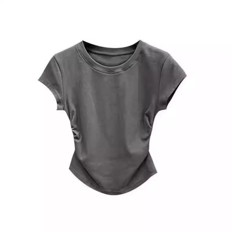 Hot Girl Pure Desire Slim Fit Waist-Cinching Short Sleeve T-Shirt - Women's Trendy Solid Color Summer Pullover