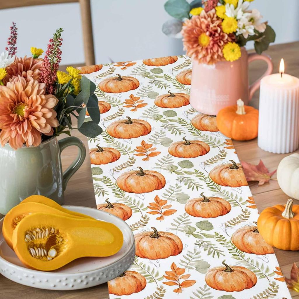 Citrouilles Orange Automnales Feuilles Chemin de Table en Lin Décoration de Fête Récolte d'Automne Chemin de Table de Cuisine Salle à Manger Décoration de Thanksgiving