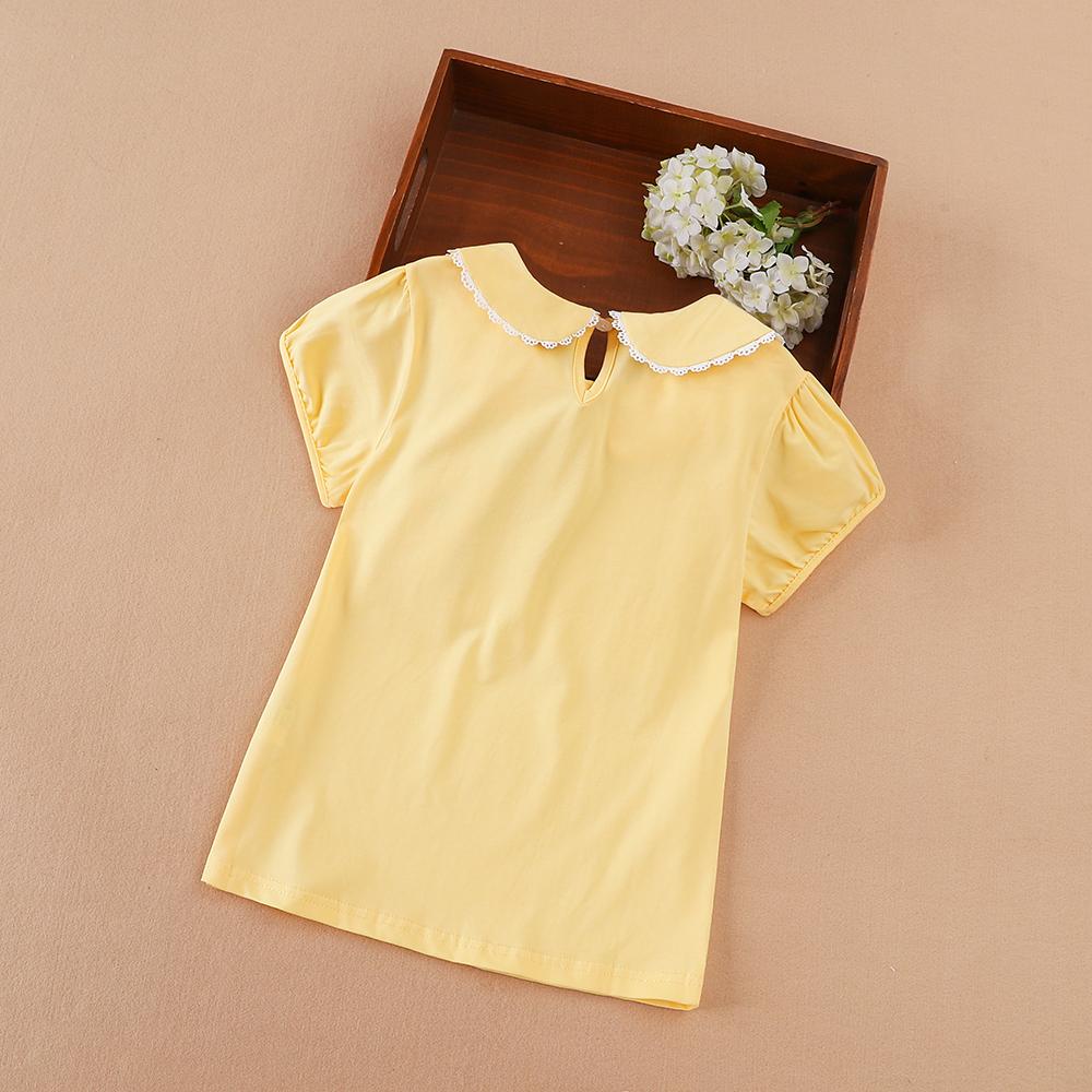 Girls Summer Shirt 2024 New Kids Cotton Clothes School Children Striped Tie Front Lace Trim Peter Pan Collar Puff Sleeve Tee
