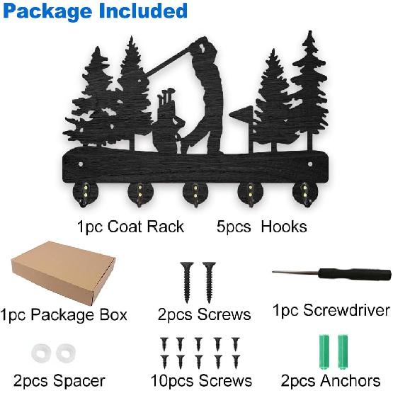MAYJOYDIY Golf Coat Racks Wall Mounted Wood Golf Clubs Tree Key Hangers for Wall 11.8×7.9inch Black Key Holder 5 Alloy Hooks Home Decor Gifts
