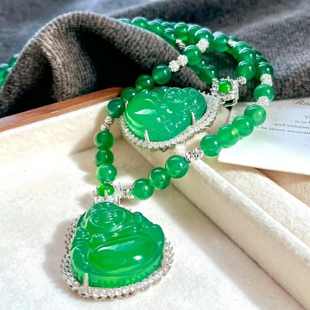 Retro Chinese-Style Lighting Glass Body Natural Green Chalcedony Buddha Male Agate Chain Necklace Women'S Basic Commuter Model