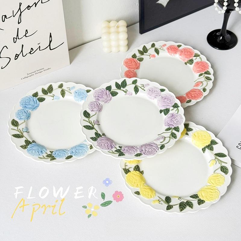 BRRose Flower Relief Dinner Plate Porcelain Dish 8 Inches Dessert Plate Restaurant Specialty Tableware Ceramic Disc Dinner PlatesEY