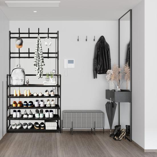 Free Standing Large Capacity Shoes Rack Multiple Hooks Strong Load-bearing 5 Tiers Hat Coat Shoes Storage Stand