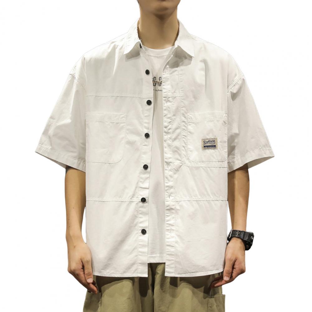 Spring Men Cargo Shirt Turn-down Collar Single-breasted Loose Mid Length Solid Color Chest Pocket Breathable Soft Short Sleeves
