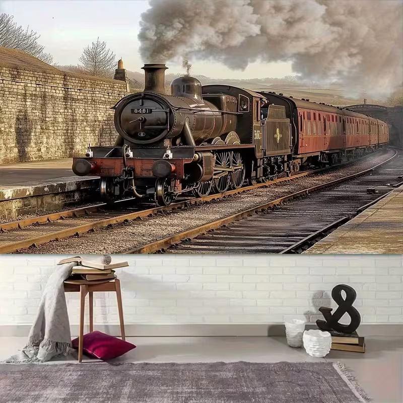 2D Nostalgic Steam Engine Backdrop Vintage Train Station Studio Photography Background
