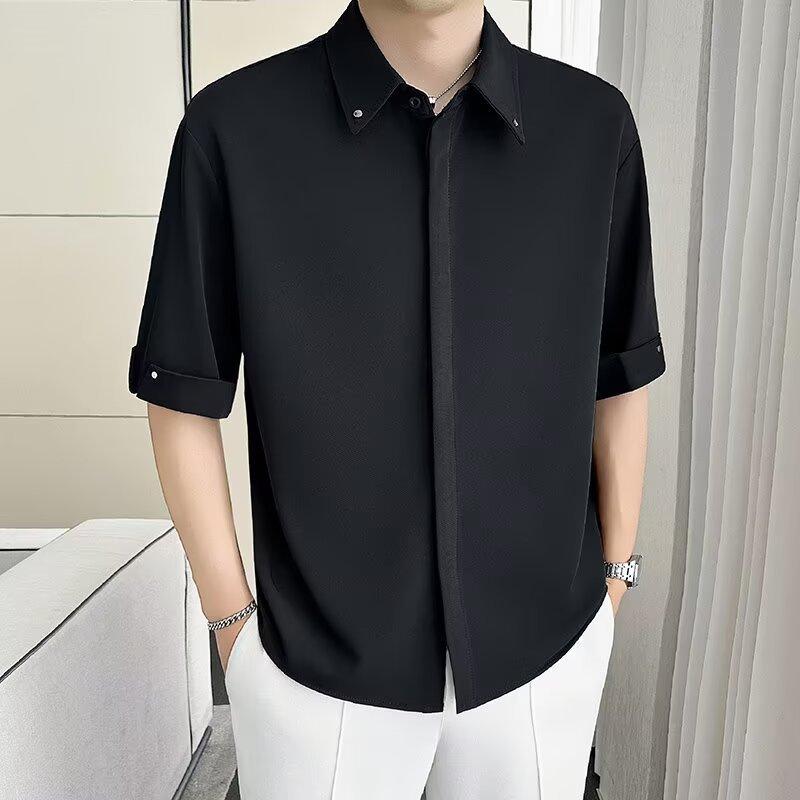 Herren Schwarzes Kurzarm-Button-Down-Hemd mit aufgerollten Ärmeln Locker Lässig Büro Oberteil
